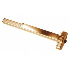 Rim exit device with touchbar style and night latch outside trim. Bronze finish. ADA compliant. Suitable for doors up to 4 ft wide. Provides push-pad release from inside and key-locked entry from exterior.