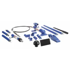 This body repair maintenance set includes a 4 ton cylinder and components for applying controlled force in automotive bodywork. It is used for straightening panels, pulling dents, and aligning frames in collision repair and maintenance tasks.