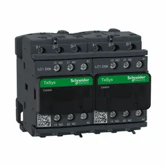 SCHNEIDER reversing IEC contactor with 3 poles and 3 normally open contacts, rated at 9 A with a 120V AC coil. Used to control forward and reverse rotation of three-phase motors in applications such as conveyors, pumps, and hoists. This unit does not include integrated surge suppression.