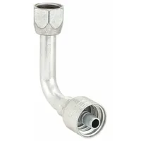 Steel 90° elbow crimp fitting with JIC female connection on one end and crimp connection for -8 hose dash size. Thread size 3/4"-16. Used in hydraulic systems to connect hoses to JIC ports in fluid power applications