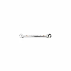This SAE 12-point ratcheting combination wrench features a 14 mm head size and a full polish chrome finish over alloy steel. The ratcheting box end allows for fast fastener turning without repositioning, while the open end provides standard wrench functionality. Commonly used in automotive, industrial, and mechanical applications for tightening and loosening fasteners in confined spaces.