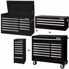 This heavy-duty 34-drawer storage system combines a top chest, intermediate chest, side cabinet, and rolling cabinet. Finished in black with ball-bearing drawer slides and keyed locks, the overall unit measures 57-1/2 in W x 19 in D x 82-3/4 in H. Suitable for organizing tools and parts in industrial workshops, garages, and maintenance facilities.