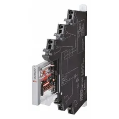 This pre-assembled relay and socket unit from OMRON features a 24V DC coil and spring terminal (push-in) connections. It is designed for DIN rail mounting and is used in industrial control panels for switching loads. Typical applications include automation, HVAC, and machinery control systems where space-saving installation and push-in wiring are required.