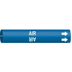 Blue snap-on pipe marker with white 'Air' legend and directional arrows. Fits pipe outer diameters from 1-1/2 to 2-3/8 inches. Used for identifying compressed air lines in industrial piping systems.