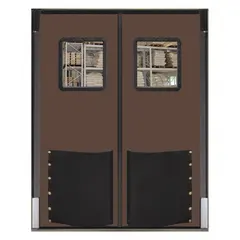 This pair of brown polyethylene insulated swinging doors is 6 ft wide by 8 ft high, with two doors and an included polycarbonate window. It meets USDA standards and comes with door seals, bumpers, and mounting hardware. Suitable for temperature-controlled environments such as cold storage and food processing areas.