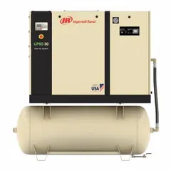 Horizontal rotary screw air compressor with 25 hp motor delivering 91 cfm at 460V AC three-phase. Includes a 120-gallon tank for continuous-duty industrial applications such as manufacturing, automation, and pneumatic tool operation.