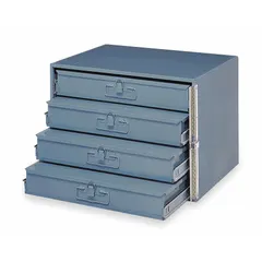 This large compartmented-box cabinet features four drawers, each with 16 compartments for organizing small parts, tools, or components. Inside drawer dimensions are 3 in x 18 in x 12 in. The cabinet is stackable and finished in gray. No dividers are included.