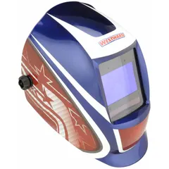 Auto-darkening welding helmet with a blue/red/white graphic nylon shell. Features 4 arc sensors, digital controls, and a welding shade range of W5-13. Includes grind mode and ratchet suspension adjustment. Viewing area measures 3.82 in x 2.44 in. Suitable for MIG, TIG, and stick welding in fabrication, maintenance, and repair applications.