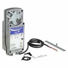 Proportional fail-safe actuator with spring return for damper control in HVAC systems. Provides 177 in-lb torque, 90° stroke with CW/CCW rotation, and self-centering clamping shaft. Operates on 24V AC/DC, 6.7W, with hardwired connection and NEMA 2 / IP54 enclosure. Compatible with building automation systems.