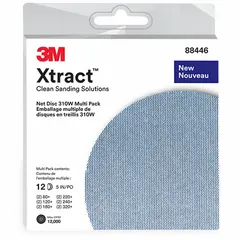 3M Hook-and-Loop Sanding Disc: 5 in Dia, Mesh, Aluminum Oxide, 120/180/220/240/320/80 Grit, Net (MPN 7100288315). Key specifications — Brand: 3M; Series: Xtract 310W.