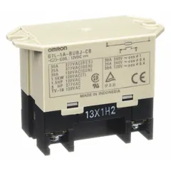 Surface-mounted power relay with a square base and top flange mounting. SPST-NO contact rated for 30 A at 12V DC coil voltage. Screw terminal connections. Suitable for switching high-current loads in industrial control panels, HVAC systems, and automation equipment.