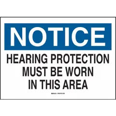 This adhesive-mounted sign measures 3 1/2 inches by 5 inches and is made of polyester. It is not retroreflective and has no glow-in-the-dark or anti-slip features. The sign communicates hearing protection requirements and is suitable for indoor use on clean, dry surfaces.