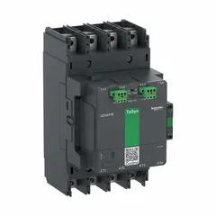 Non-reversing IEC contactor with 4 poles and 4 normally open contacts rated for 150 A. Coil voltage is 48V AC at 60 Hz. Features spring-loaded wire termination for secure connections. Suitable for switching motors, lighting, and heating loads in industrial control panels.
