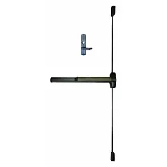 Surface-mounted vertical rod exit device with touchbar and lever trim. Bronze construction. Designed for doors up to 3 ft wide. Right-hand reverse (RHR) configuration.