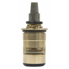 Disc faucet cartridge made of brass with chrome finish. Designed for cold water use. Includes one stem. Compatible with Chicago Faucets Chicago Ceramic Cartridge Series. Used as a replacement part in commercial or institutional faucets to control water flow.