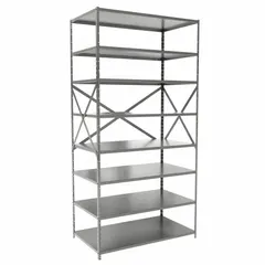 This HALLOWELL medium-duty standalone open metal shelving unit is constructed with a steel frame and steel shelves. It measures 48 inches wide by 24 inches deep with an overall height of 84 inches and includes eight shelves. The unit is finished in gray and supplied unassembled. Typical applications include storage of tools, parts, boxes, and inventory in warehouses, factories, stockrooms, and assembly areas where quick access and visibility are needed.