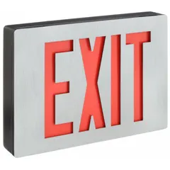 This aluminum LED exit sign features a black housing and red text. It operates on 120/277 V AC and is designed for ceiling mounting. The sign includes universal field selectable chevrons for directional indication. It does not include emergency battery backup or self-diagnostics, making it suitable for locations with centralized emergency power.