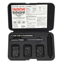 This thread repair kit includes helical inserts made of 18-8 stainless steel with a plain finish, designed for restoring damaged internal threads in metal components. It is a tanged tang style, free-running kit for #4-40 coarse threads, right-hand thread direction, and includes an STI tap of the same size. Suitable for use in machinery, automotive, and industrial equipment where inch-system threads are required.