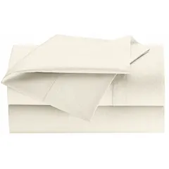 This flat sheet is designed for use as a top sheet on queen-size beds in hospitality, healthcare, and residential settings. It features a T200 thread count, 40% polyester fabric, and a solid Staybright® Bone color. The sheet measures 104 inches in length and 90 inches in width, and is reusable.