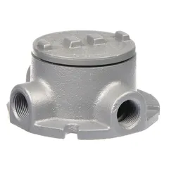 Iron T-shaped conduit outlet body with threaded female hubs for use with threaded IMC. Triple coat epoxy finish, flat back, and includes cover. UL listed for hazardous locations: Class I, Divisions 1 and 2, Groups B, C, D; Class II, Divisions 1 and 2, Groups E, F, G; and Class III. 1 in trade size, 18 cu in body capacity.