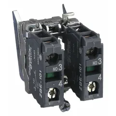 Momentary contact block with 2 normally open (2NO) contacts, part of the ZB4 series. Features screw clamp terminals for secure wiring. Suitable for 22 mm panel mounting in pushbutton stations, selector switches, and pilot devices for industrial control and automation applications.