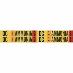 Ammonia adhesive pipe marker for industrial refrigeration systems. Identifies DC (discharge) lines carrying LIQ phase ammonia at High pressure. Fits pipe O.D. 3/4 to 2-3/8 in. Pack of 4 markers without arrows. Complies with IIAR labeling standards.