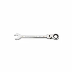 Alloy steel construction with full polish chrome finish. 22 mm head size, 12-point ratcheting box end for faster fastener engagement without repositioning. Suitable for tightening or loosening standard bolts and nuts in mechanical and industrial settings.