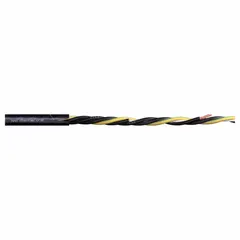 This continuous flexing power cable is designed for variable frequency drives (VFDs) in industrial automation. It features 5 conductors (8 AWG) with a ground, PVC jacket, and 1000 V rating. UV/sunlight resistant, it is suitable for use in cable carriers, robotics, and machine tools where repeated flexing occurs. Minimum bend radius: 4 x OD fixed, 6 x OD flexible, 7.5 x OD e-chain.