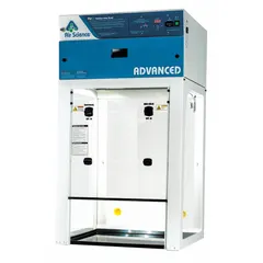 This ductless fume hood filters airborne contaminants from chemical handling and sample preparation, recirculating purified air into the room. It has a 30-inch overall width and 4 3/8-foot overall height in white. The unit is partially assembled and includes a blower and work surface; a base/stand is required but not included.