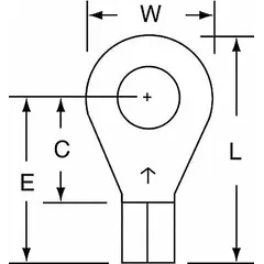 Non-insulated ring terminal rated for 600 V, with butted barrel and seam construction. Accepts 12 AWG to 10 AWG wire and fits 1/4 in studs. Used for secure electrical connections in control panels, power distribution, and equipment wiring.
