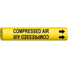 Yellow snap-on pipe marker with black legend reading 'Compressed Air' and directional arrows. Fits pipe outer diameters from 2-1/2 to 3-7/8 inches. Used to identify compressed air lines in piping systems, aiding in quick recognition of pipe contents for maintenance and safety.