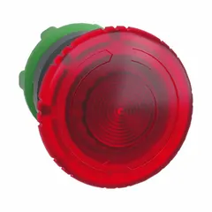 Red illuminated mushroom-head push-button operator from the XB5 series with maintained action. Features a 22 mm mounting size and non-metallic push button material. Used for emergency stop or start functions in industrial control panels and machinery.