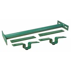 This steel conveyor support stand provides multi-tier permanent mounting for conveyor systems. It is designed for a 31-inch between frame width and has a 31-inch overall width. The stand is finished in green and is suitable for use in industrial material handling applications where stable support and alignment of conveyors are required.