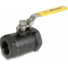 This SHARPE ball valve features a carbon steel body with full port design for minimal pressure drop. Straight pattern with FNPT x FNPT connections. Locking lever handle provides secure on/off flow control. Suitable for industrial piping systems handling water, oil, gas, and non-corrosive media.