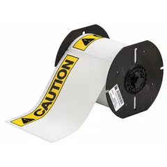White polyester precut label roll with CAUTION header, available in 4 in x 6 1/4 in and 4 in x 4 in sizes. Acrylic adhesive for indoor/outdoor use. Compatible with i5300 printer series. Used for industrial safety identification and hazard communication.