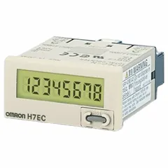 The OMRON H7EC-NV-BH is a totalizer counter with a front panel mounting style and flush design. It features a 1 in x 1 7/8 in LCD display and an overall height of 1 in. Compliant with VDE 0106/P100 standards, it is used for counting events or cycles in industrial automation and production line monitoring.