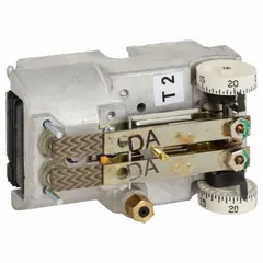 This pneumatic thermostat is designed for day/night dual-temperature control in commercial HVAC systems. It features direct and reverse action, operates with two pipes and high-volume air flow, and has a temperature range of 55° to 85°F. The unit is intended for horizontal mounting and does not include a cover.