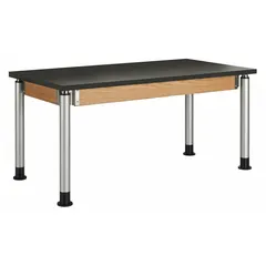This adjustable-height lab table features a black ChemGuard laminate countertop that resists chemicals and stains. The height adjusts from 26-1/4 to 41 inches, accommodating various tasks and users. With a 500 lb load capacity, it is suitable for laboratory settings requiring a durable, easy-to-clean work surface.