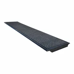 Fiberglass containment pan designed for placement beneath railcar unloading areas to capture spills and drips during material transfer. Measures 255 inches in length, 57 5/16 inches in width, and 4 1/2 inches in depth. Suitable for use in railroad, industrial, and bulk-transfer facilities to help prevent environmental contamination.