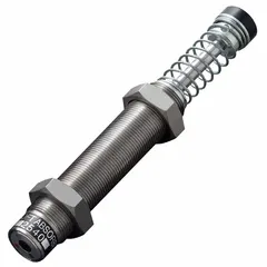 Steel industrial shock absorber rated at 71.5 N force. Used to decelerate moving loads and absorb kinetic energy in automation, packaging, and material handling systems. Protects equipment from impact damage and reduces noise in high-cycle applications.
