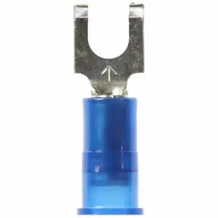 Nylon-insulated flanged fork terminal for #10 stud size, accepting 16 AWG to 14 AWG wire. Rated 600 V with Insulation Grip barrel style. Used for wire termination in electrical panels, control cabinets, and industrial machinery.