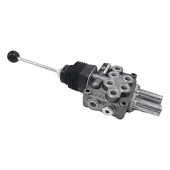 This four-way, three-position manual spool monoblock valve features a tandem center spool position and spring-centered return to neutral. It is used for directional control in hydraulic systems, allowing pump flow to be unloaded in neutral. Typical applications include mobile and industrial equipment such as loaders, lifts, and agricultural machinery.
