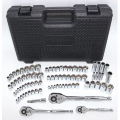 This 82-piece socket set includes 1/4 in, 3/8 in, and 1/2 in drive tools with metric and SAE sockets in 12-point and 6-point configurations. It is used for tightening and loosening fasteners in automotive repair, machinery maintenance, and general assembly tasks.