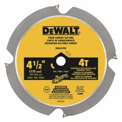 This 4-1/2 inch diameter circular saw blade is designed for ripping cuts in fiber cement and concrete materials. It features 4 teeth and a 3/8 inch arbor, making it suitable for straight, aggressive cutting applications in construction and remodeling.