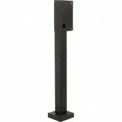 This black powder-coated carbon steel pedestal is designed for mounting gate operator keypads and control hardware. It features a 10 x 12 inch base and an overall height of 56 3/4 inches. Carriage bolt hardware is included for installation.