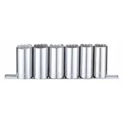 This 6-piece metric deep socket set features a 3/8 in drive and 12-point design for improved grip on hex fasteners. Sizes range from 20 mm to 25 mm. Sockets are tether ready for drop prevention in elevated or confined workspaces. Suitable for automotive repair, machinery maintenance, and industrial assembly.