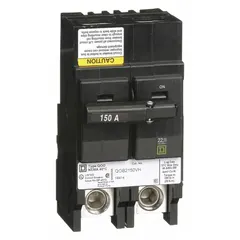 Bolt-on miniature circuit breaker for overcurrent protection in electrical distribution systems. Rated 150 A, single-phase, 120/240V AC with a maximum interrupting rating of 22kA at 120/240V AC. 2-pole design for use with Square D NQOD panelboards.