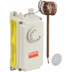 Plastic-enclosed line-voltage thermostat with SPDT switch action (open/close on rise) and fixed 3°F temperature differential. Controls temperature from 0° to 120°F. Includes 5 ft capillary with 5 in x 1/4 in bulb. Operates at 120V, 240V, or 277V AC. Used for indoor single-stage temperature regulation in HVAC systems.