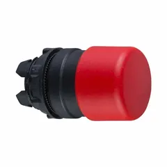This red mushroom-head push-button operator from the SCHNEIDER XB5 series features a non-metallic construction and momentary action. Designed for 22 mm mounting, it is commonly used as an emergency stop or control actuator in industrial control panels, machinery, and automation systems.