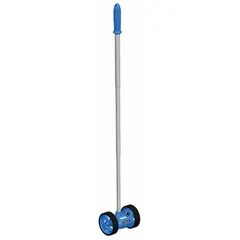 Mechanical measuring wheel with a fixed handle and spoked dual polyurethane wheels with plastic tread. Measures distances up to 9,999 ft in SAE inches. Aluminum frame with twist-and-lock mechanism. No batteries required. Suitable for outdoor distance measurement tasks such as landscaping, paving, fencing, and turf installation.